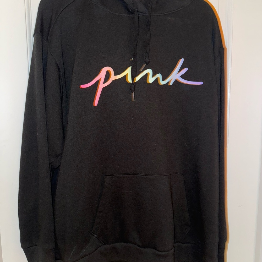 PINK Victoria's Secret Black Hoodie with Multicolor Logo